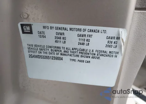 2005 Buick Lacrosse Cxl z USA, uszkodzony, nr VIN 2G4WD532651239004